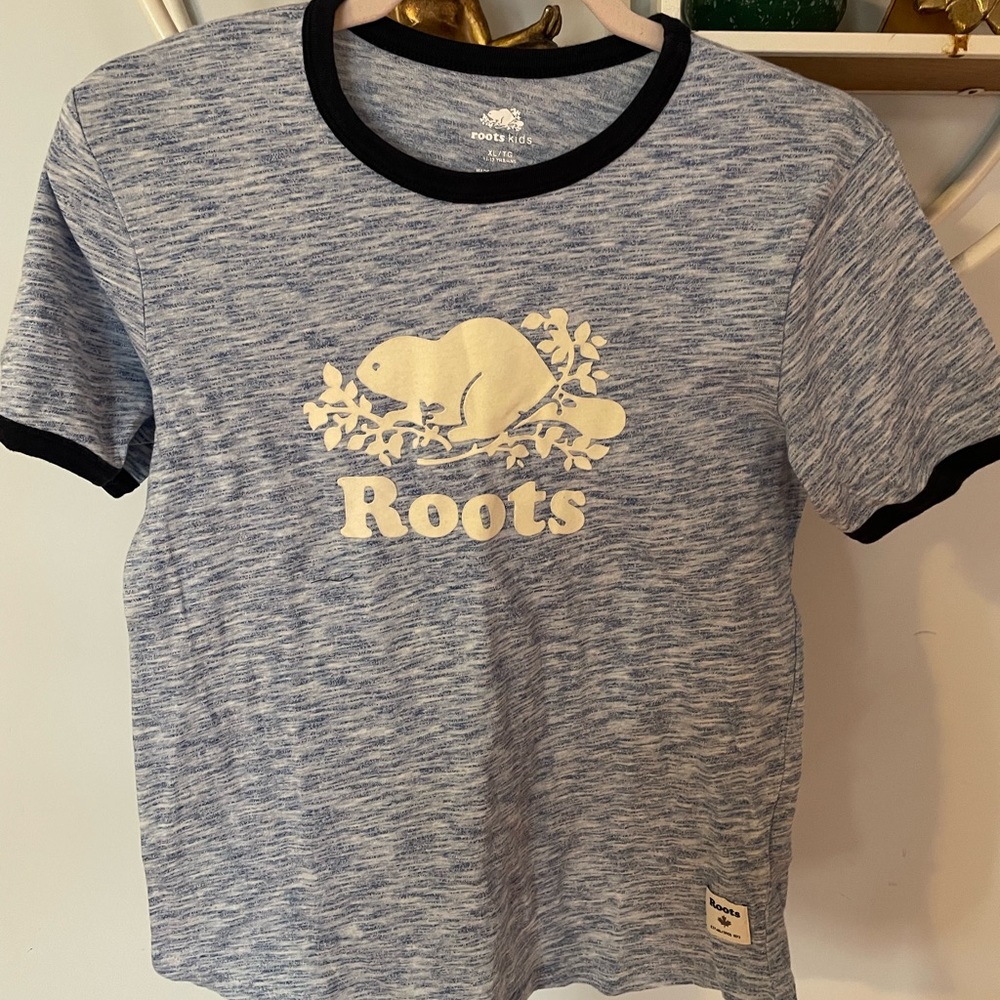 Roots Kids Youth XL Extra Large Short Sleeve T Shirt Gray Blue Women's XS